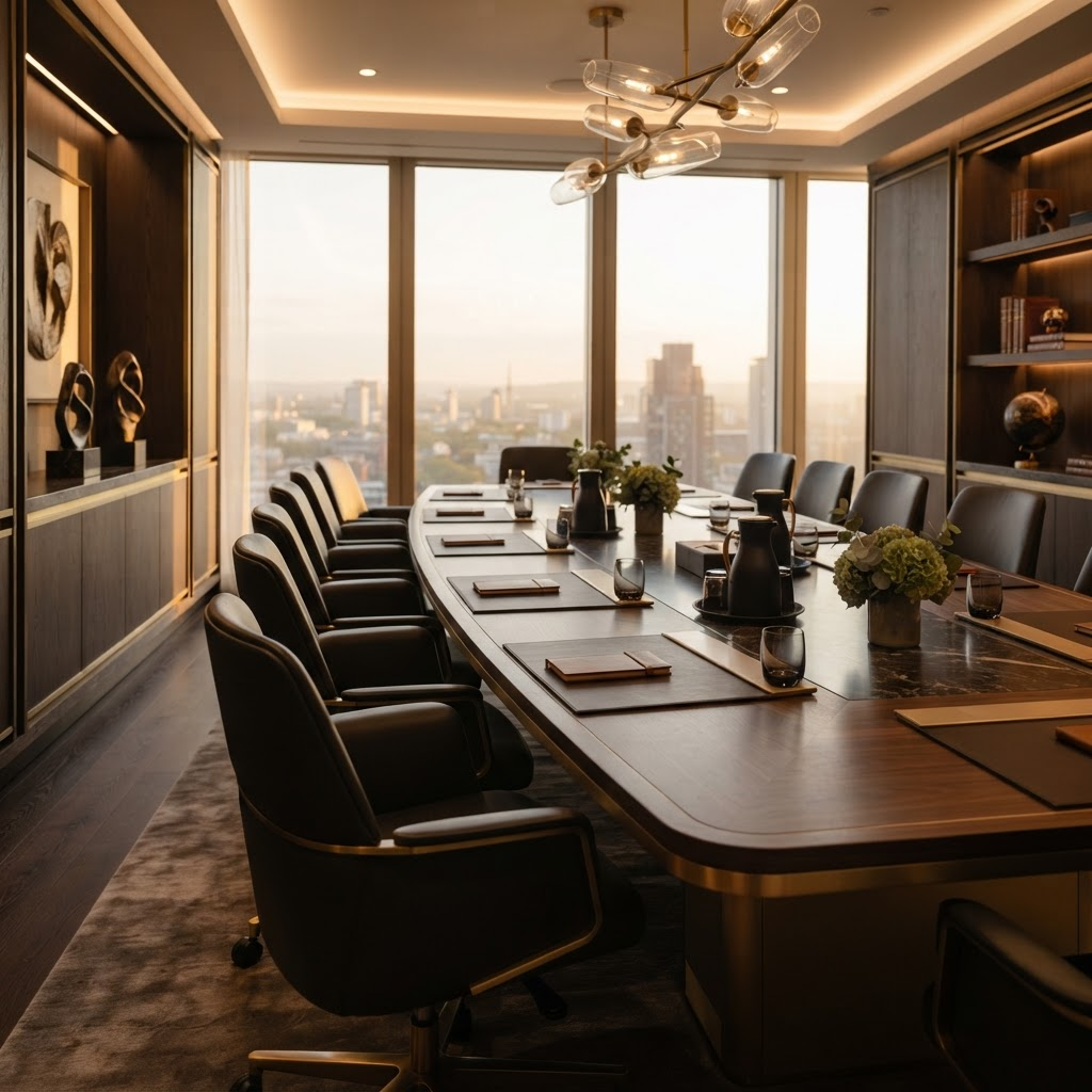 Elegant dark wood and marble executive boardroom with warm golden-hour lighting